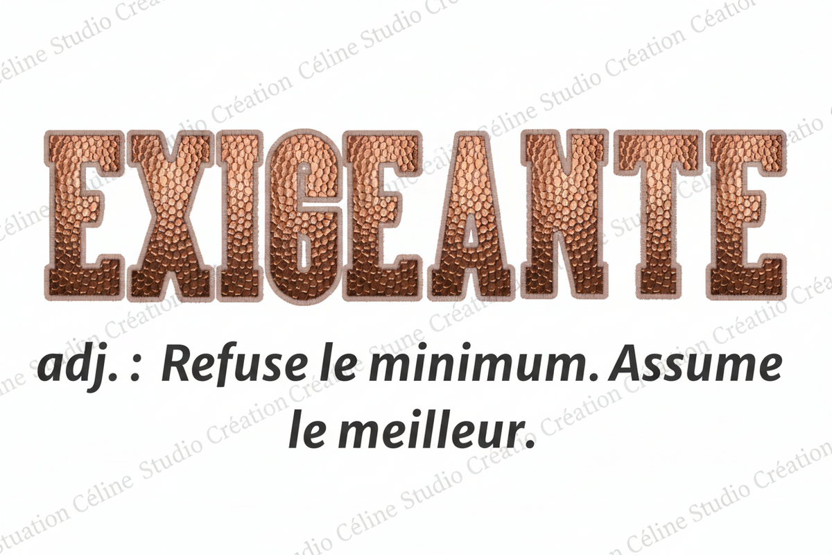 Détail du design Exigeante sur T-shirt
